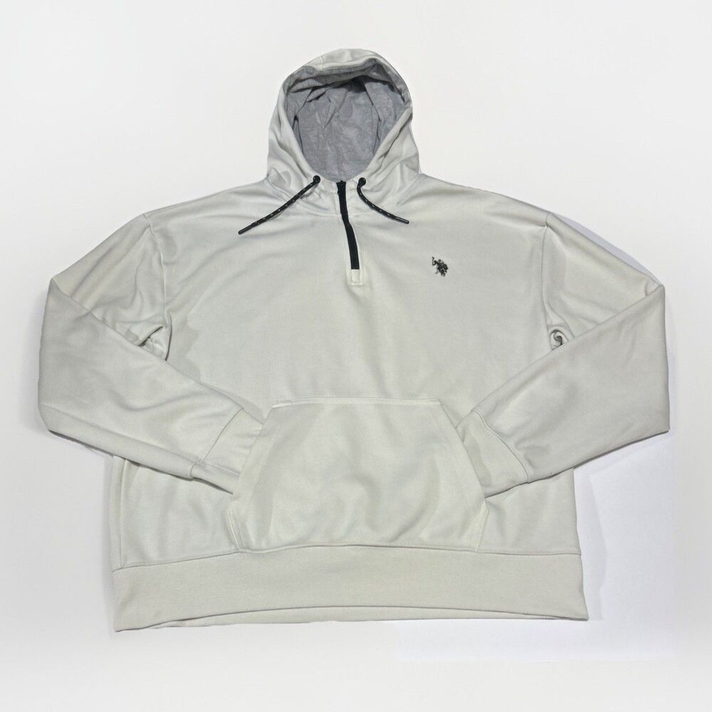 US Polo Assn Men's Large Off-White 1/4 Zip Hoodie Pullover Sweatshirt Pony